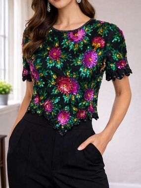Laurence Kazar Black Sequin Floral Short Sleeve Top